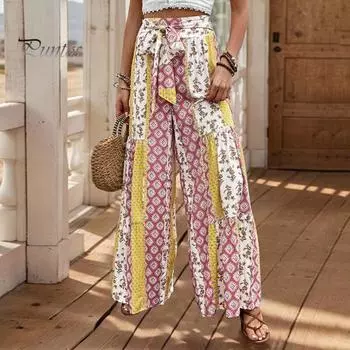 Женские повседневные брюки, эластичные пляжные брюки с высокой талией на шнуровке, широкие свободные брюки с принтом в этническом стиле S чёрный