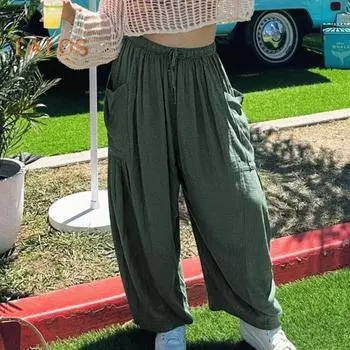Женские повседневные брюки, эластичные прямые широкие брюки с высокой талией и карманами, длинные свободные брюки с регулируемым шнурком XL кофейный