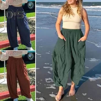 Женские повседневные брюки, эластичные прямые широкие брюки с высокой талией и карманами, длинные свободные брюки с регулируемым шнурком XL кофейный