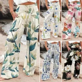Женские повседневные брюки, эластичные прямые широкие брюки с высокой талией и карманами, летние брюки с цветочным принтом в виде листьев