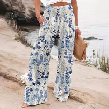 Женские повседневные брюки, эластичные прямые широкие брюки с высокой талией и карманами, летние брюки с цветочным принтом в виде листьев M темно-зеленого