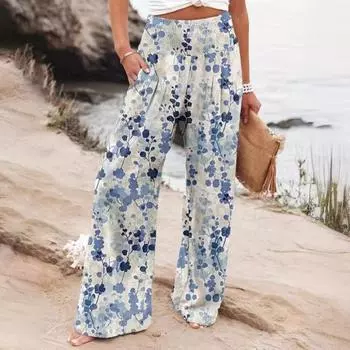 Женские повседневные брюки, эластичные прямые широкие брюки с высокой талией и карманами, летние брюки с цветочным принтом в виде листьев M