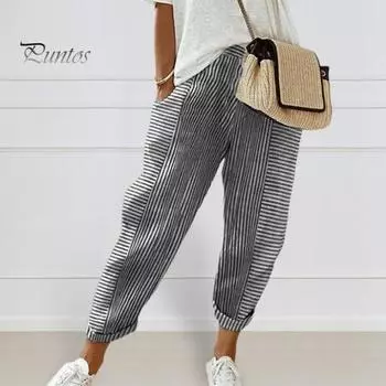 Женские повседневные брюки, эластичные широкие брюки с высокой талией и карманами, шаровары с полосатым принтом, уличная одежда L светло-серый