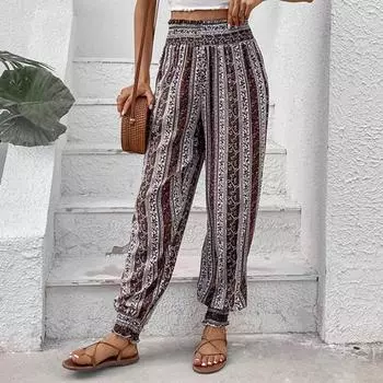 Женские повседневные брюки, эластичные широкие брюки с высокой талией, спортивные штаны для йоги в этническом стиле, спортивные спортивные штаны для отдыха M коричневый