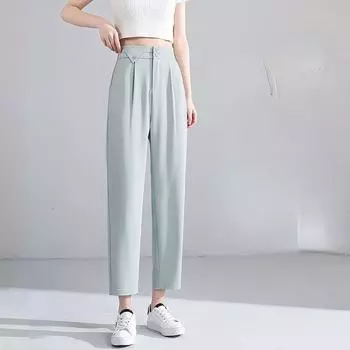 Женские повседневные брюки больших размеров на весну и лето, однотонные брюки из ледяного шелка с эластичной резинкой на талии, шаровары длиной до щиколотки S чёрный