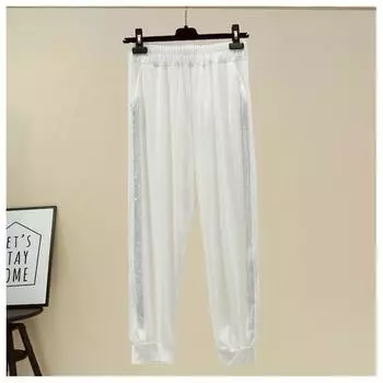 Женские повседневные брюки больших размеров на весну и лето, однотонные брюки с эластичной резинкой на талии, брюки из ледяного шелка с разрезами, брюки-шаровары длиной до щиколотки