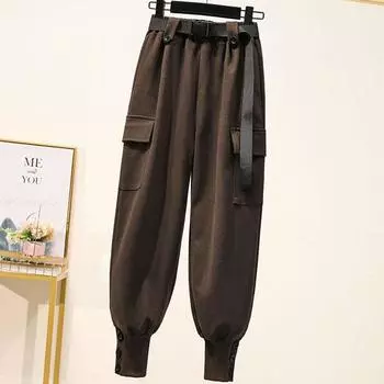 Женские повседневные брюки большого размера, теплые брюки с карманами и эластичной резинкой на талии, шикарные простые шаровары в корейском стиле M чёрный