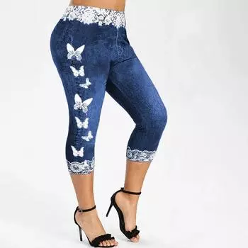 Женские повседневные брюки большого размера, весенне-летние модные повседневные узкие капри с эластичным принтом бабочки 2XL чёрный