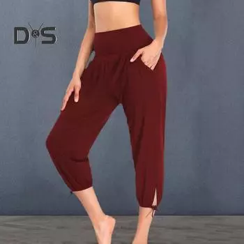 Женские повседневные брюки для йоги с широким поясом и высокой талией, укороченные брюки с карманами, однотонные эластичные спортивные брюки M вино красного