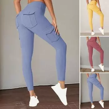 Женские повседневные брюки для йоги с высокой талией, спортивные брюки с контролем живота, однотонные, с несколькими карманами, дизайн M розовый