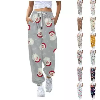 Женские повседневные брюки для отдыха с рождественским принтом, спортивные брюки, брюки с эластичной резинкой на талии, брюки с завязками на шнурке S