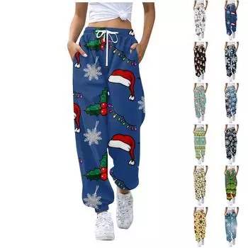 Женские повседневные брюки для отдыха с рождественским принтом, спортивные брюки, брюки с эластичной резинкой на талии, брюки с завязками на шнурке XXXL