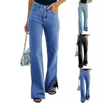 Женские повседневные брюки из денима с разрезом и средней посадкой, длинные брюки XL чёрный