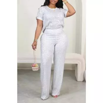 Женские повседневные брюки из двух частей с короткими рукавами и блестками M белый
