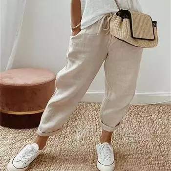 Женские повседневные брюки из хлопка и льна, однотонные, больших размеров S покинуть белый