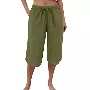 Женские повседневные брюки из хлопка и пеньки с высокой талией и широкими штанинами на шнурке L армия зеленый