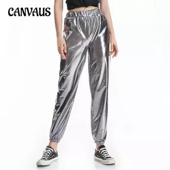 Женские повседневные брюки-карандаш с завязками на шнурке, блестящие кожаные брюки-каблуки для вечеринок S серый