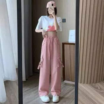 Женские повседневные брюки-карго с эластичной резинкой на талии, прямые широкие длинные брюки с несколькими карманами, однотонный дизайн S армия зеленый