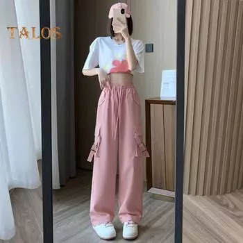 Женские повседневные брюки-карго с эластичной завязкой на талии, прямые широкие длинные брюки с несколькими карманами, однотонные повседневные брюки, уличная одежда S армия зеленый