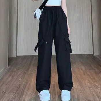 Женские повседневные брюки-карго с эластичной завязкой на талии, прямые широкие длинные брюки с несколькими карманами, однотонные повседневные брюки, уличная одежда S армия зеленый