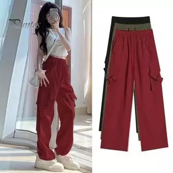 Женские повседневные брюки-карго с эластичной завязкой на талии, прямые широкие длинные брюки с несколькими карманами, однотонные повседневные брюки, уличная одежда S армия зеленый