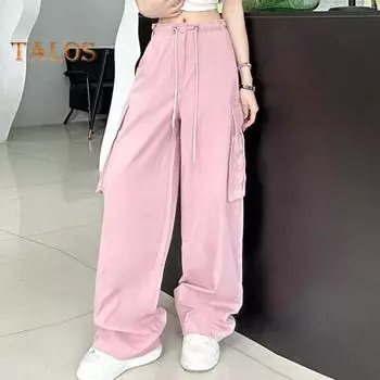Женские повседневные брюки-карго с завязками на талии, широкие однотонные уличные комбинезоны с высокой талией, легкие свободные брюки для повседневного использования в клубе, для пробежек, походов, отпуска M хаки