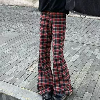 Женские повседневные брюки-клеш в клетку в стиле ретро, уличные брюки-клеш в винтажном стиле для молодых девушек, женские прямые брюки-клеш с высокой талией S чёрный/красный