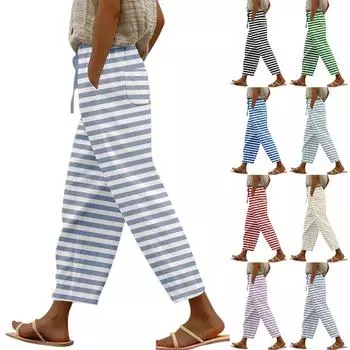 Женские повседневные брюки. Модные повседневные брюки с принтом в полоску и карманами.