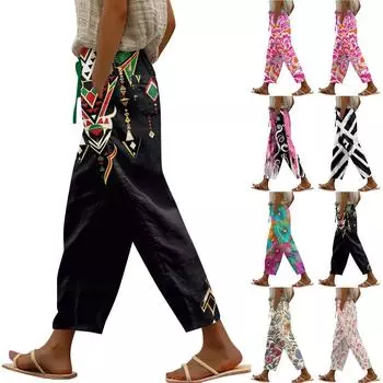 Женские повседневные брюки. Модные повседневные брюки с принтом и карманами. L чёрный