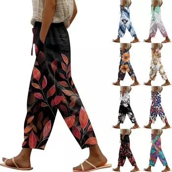 Женские повседневные брюки. Модные повседневные брюки с принтом и карманами. L чёрный