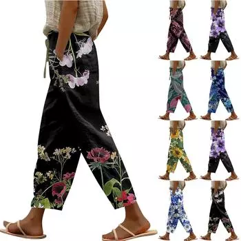 Женские повседневные брюки. Модные повседневные брюки с принтом и карманами. S