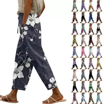 Женские повседневные брюки. Модные повседневные брюки с принтом и карманами. L циан