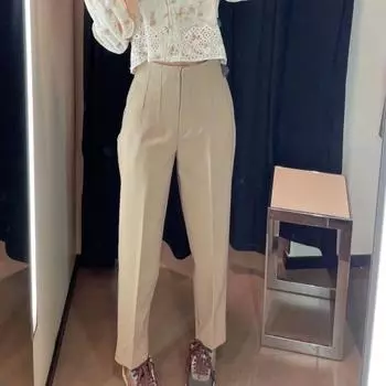 Женские повседневные брюки на молнии с высокой талией и карманами, однотонные плиссированные прямые брюки M чёрный