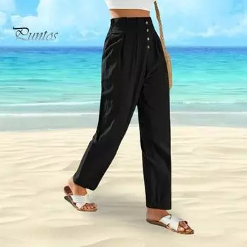 Женские повседневные брюки на весну и лето, эластичные брюки на талии с декором на пуговицах, длинные брюки, однотонные шаровары, уличная одежда XL темно-синий