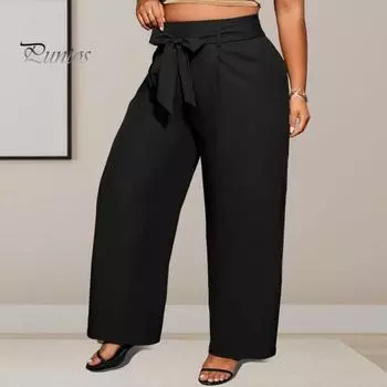Женские повседневные брюки на весну и лето, свободные длинные брюки со средней посадкой и карманами, прямые широкие брюки, уличная одежда 5XL чёрный