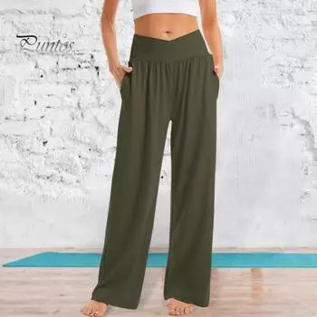 Женские повседневные брюки на весну и лето, плиссированные длинные брюки с эластичной резинкой на талии, однотонные брюки с широкими штанинами и карманами для йоги, уличная одежда S светло-серый