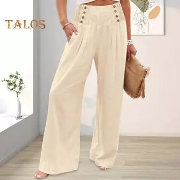 Женские повседневные брюки на весну и лето, широкие эластичные пуговицы на талии, длинные брюки, однотонные брюки с широкими карманами, уличная одежда S белый