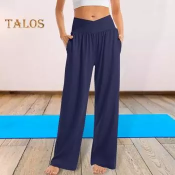 Женские повседневные брюки на весну и лето, плиссированные длинные брюки с эластичной резинкой на талии, однотонные брюки с широкими штанинами и карманами для йоги, уличная одежда S светло-серый