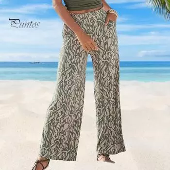 Женские повседневные брюки на весну и лето с эластичной резинкой на талии и карманами с принтом, длинные брюки, прямые широкие брюки для отдыха, рабочие брюки XL зелёный