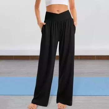 Женские повседневные брюки на весну и лето, плиссированные длинные брюки с эластичной резинкой на талии, однотонные брюки с широкими штанинами и карманами для йоги, уличная одежда S светло-серый