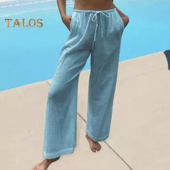 Женские повседневные брюки на весну и лето, длинные брюки с эластичным шнурком и карманами на талии, однотонные повседневные брюки с широкими штанинами L белый