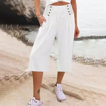 Женские повседневные брюки на весну и лето, укороченные брюки с широкой эластичной резинкой на талии, однотонные укороченные брюки с широкими карманами, уличная одежда M абрикосовый