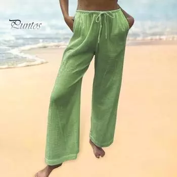 Женские повседневные брюки на весну и лето, длинные брюки с эластичным шнурком и карманами на талии, однотонные повседневные брюки с широкими штанинами L белый