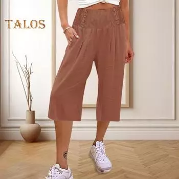 Женские повседневные брюки на весну и лето, укороченные брюки с широкой эластичной резинкой на талии, однотонные укороченные брюки с широкими карманами, уличная одежда M абрикосовый