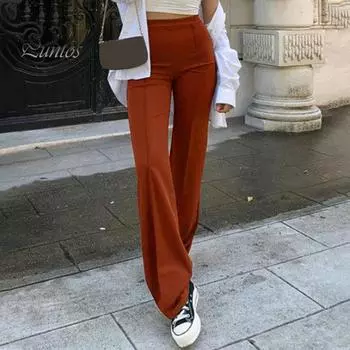 Женские повседневные брюки на весну и осень, расклешенные брюки с высокой талией, однотонные эластичные длинные брюки, уличная одежда S абрикосовый