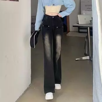 Женские повседневные брюки, новинка 2023 года, модные винтажные джинсы Bootcut с высокой талией, тонкие прямые брюки Y2K, брюки большого размера Ins S чёрный