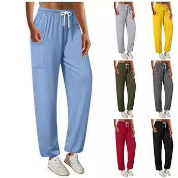 Женские повседневные брюки, однотонные эластичные брюки с боковыми карманами на шнуровке, повседневные брюки S