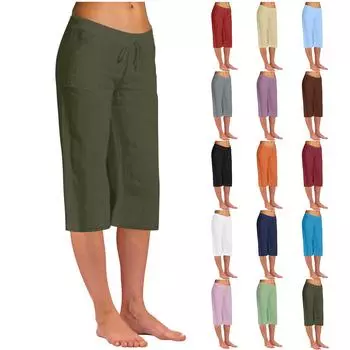 Женские повседневные брюки, однотонные хлопковые льняные брюки с эластичной резинкой на талии и широкими штанинами, укороченные брюки для женщин L чёрный