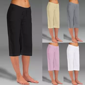 Женские повседневные брюки, однотонные хлопковые льняные брюки с эластичной резинкой на талии и широкими штанинами, укороченные брюки для женщин XXXXXL белый