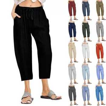 Женские повседневные брюки, однотонные хлопковые льняные брюки с эластичной резинкой на талии и широкими штанинами, укороченные брюки для женщин XXL тёмно-синий